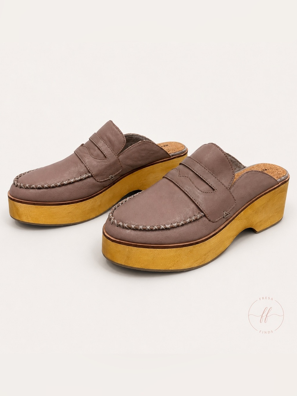 Kelsi Dagger Brooklyn Leather Platform Mule Clogs Taupe Pink Wooden Wedge 7.5
